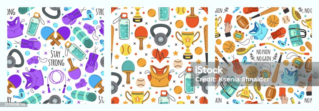 Rotating Pong Patterns Sport Set Of Seamless Vector Patterns Gym Accessories Baseball Bat Ping ...