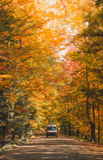istock Autumn Fall Foliage Camper Van Drives Through Beautiful Colorful Trees on Dirt Road in Forest Trail. Remote Get Away Off Roading Van Life Remote Work 2170441649