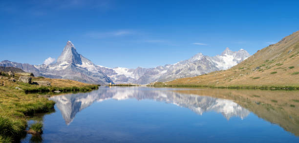 View from lake Stellisee near Zermatt on the Matterhorn, Dent Blanche, Ober Gabelhorn and Wellenkuppe mountain peaks