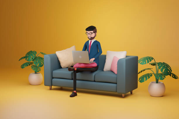 istock A man in a suit and tie sits on a sofa working on his laptop, suggesting a professional working from home. business concept. 3D render illustration 2170443990