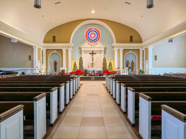Empty Catholic church decorated for Christmas