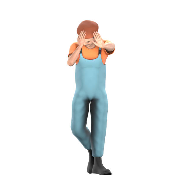 3D Cartoon Art Painter. A male painter stands with his right hand holding his head while his left hand signals stop, Craftsmanship Display