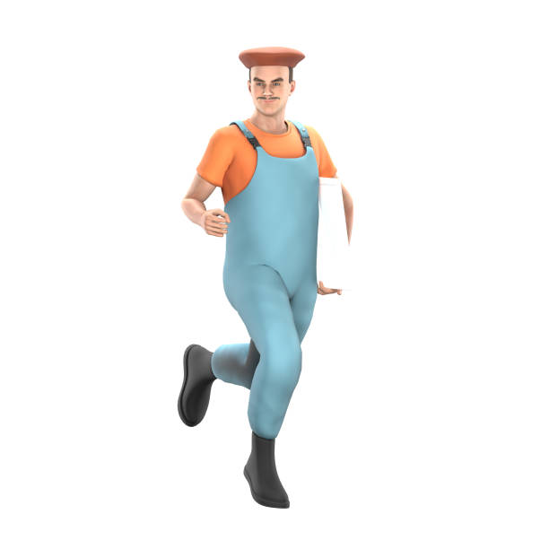 Professional Male Painter in 3D. A male painter runs with his left hand carrying a painting canvas. Artistic Cartoon Model