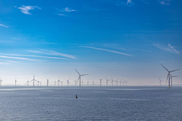 istock Giant wind turbines at sea in morning light 2170454094