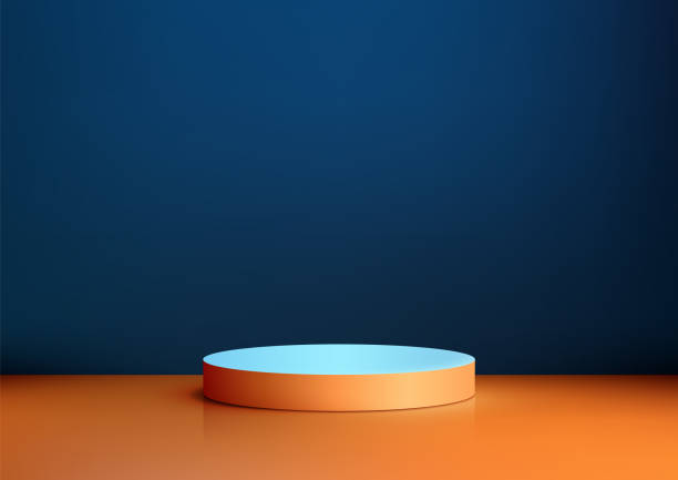 istock Vibrant 3D Orange and Blue Podium Display on Orange Platform on Blue Background, Modern Product Mockup and Showcase with Contrasting Backdrop 2170455637