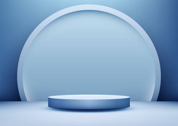 istock minimalist 3D blue podium stage with circular arch clean backdrop for product display mockup showcase exhibition elegant modern style 2170455642