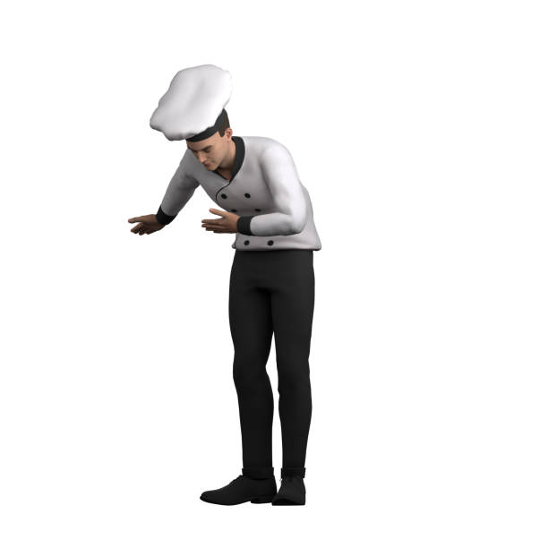 3D Male Chef Character in Action. A male chef is bowing politely, as a sign of respect or appreciation after serving food or receiving compliments from customers. Professional