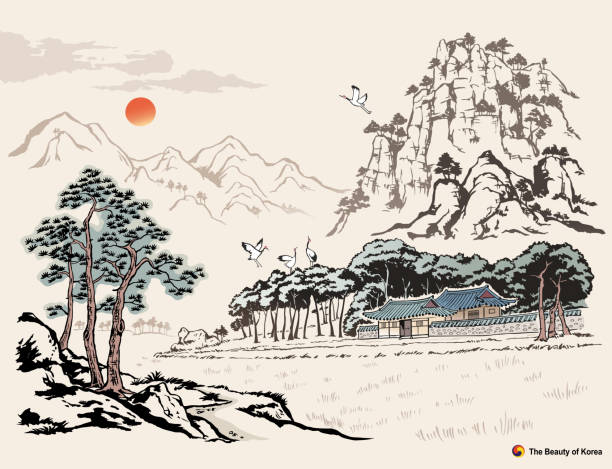 韓国の自然風景水墨画韓国の伝統絵画 - 自然の景観のベクターアート