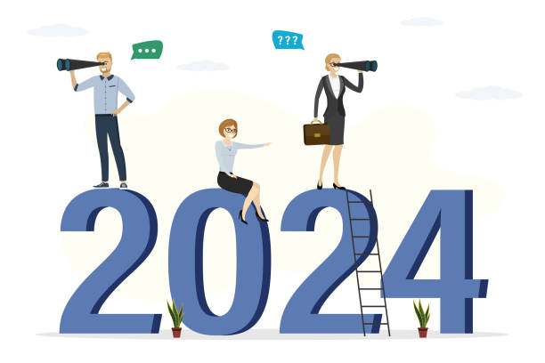 istock Business people standing on 2024 year numbers. New year 2024 outlook, economic forecast, future vision. Business opportunity or difficulties ahead, report or analysis. 2170460318