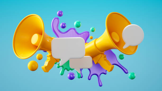 istock Digital Marketing and Social Media Concept: Paint Squirts Form Circular Patterns with Megaphone, 3D Rendering 2170462240