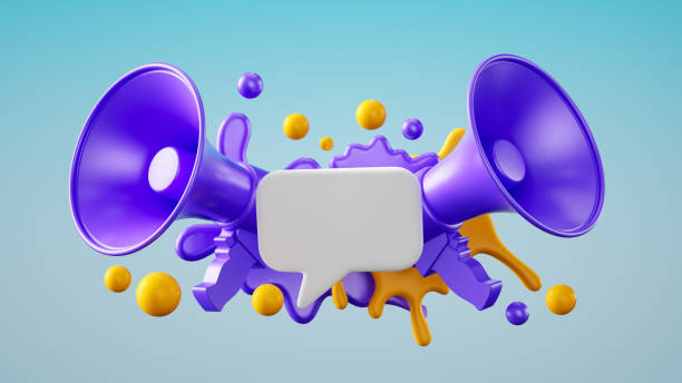 istock Digital Marketing and Social Media Concept: Paint Squirts Form Circular Patterns with Megaphone, 3D Rendering 2170462297