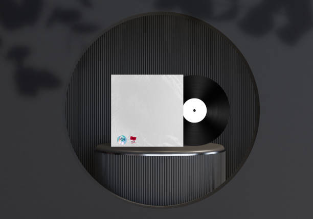 Vinyl Disk Record and Cover Template Mockup with transparent plastic wrap texture overlay on luxury podium for presentation entertainment advertising, music studio branding, merchandise