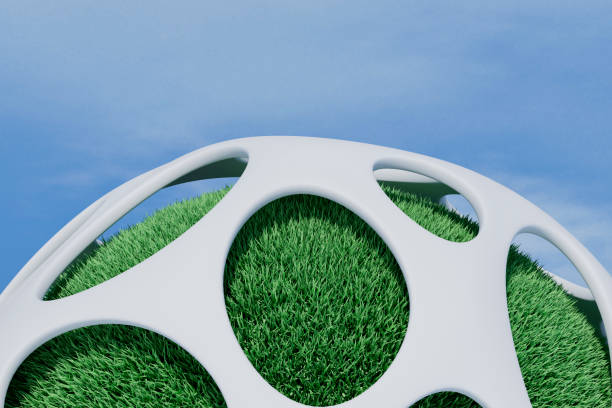 Sustainability, Biotechnology Concept. Organic shape filled with grass on sky background. Digitally generated image. 3d render.