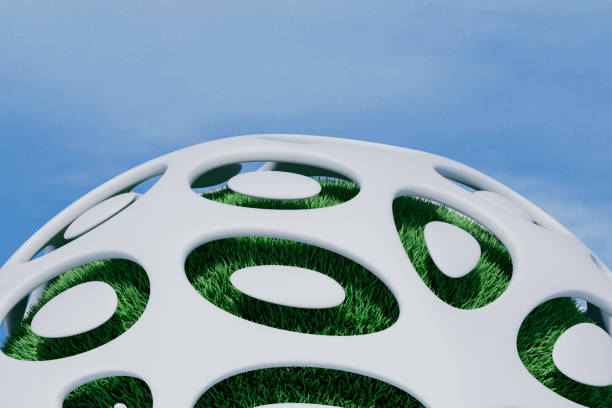 Sustainability, Biotechnology Concept. Organic shape filled with grass on sky background. Digitally generated image. 3d render.