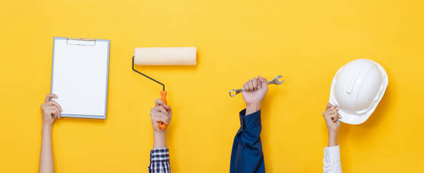 istock Hands of people in various occupations with working tools on yellow banner background 2170465561
