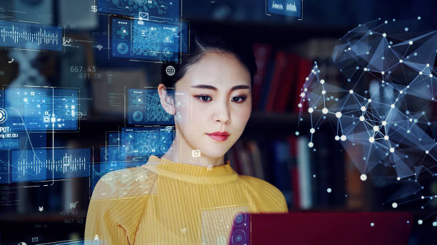 istock Young woman watching hologram screens. Data analysis. 2170467670