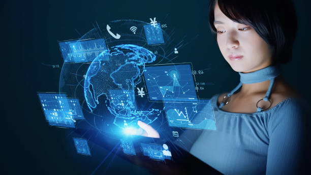 istock Young asian woman watching hologram screens. Global communication network. 2170467908