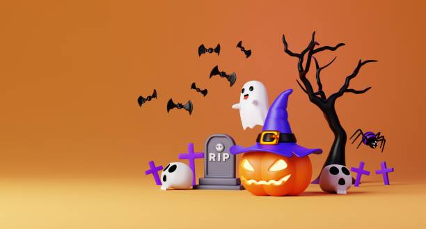 Pumpkin, Ghost, Tombstone 3D Illustration, Halloween Character Render for Spooky Themes