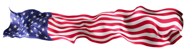 Stylized American, USA flag, waving in the wind, isolated on white background. Footer, header or divider. Perfect for patriotic themes, Independence Day designs, or national event promotions. 3D.