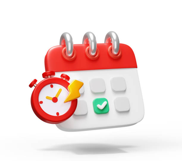 istock Calendar and Stopwatch Icon with Checkmark, Time Management and Scheduling Icon Deadline Reminder with Lightning Bolt 3D Illustration 2170470033