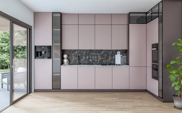 istock Modern pastel light lilac kitchen with a space (for an island or a table) on the hardwood floors and a large open window door with a garden view on the side 2170470829
