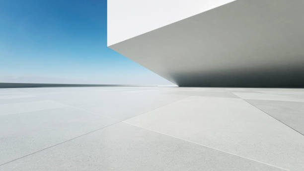 istock 3d render of abstract modern architecture with empty concrete floor, minimal white exterior, car presentation background 2170471639