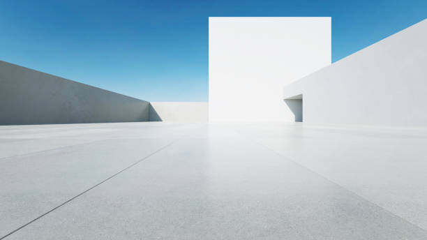 istock 3d render of abstract modern architecture with empty concrete floor, minimal white exterior, car presentation background 2170471643