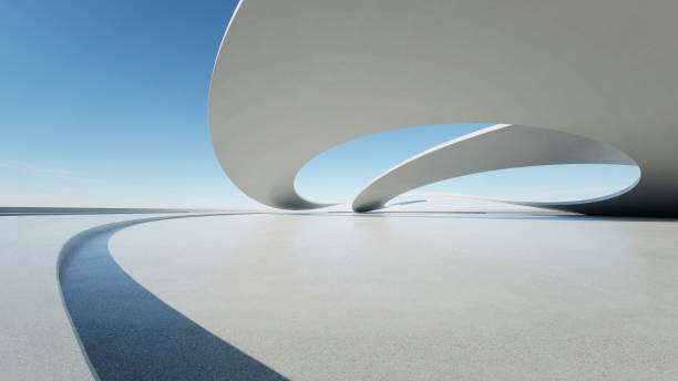 istock 3d render of abstract curve structure futuristic architecture with empty concrete floor, scene for car presentation 2170471657