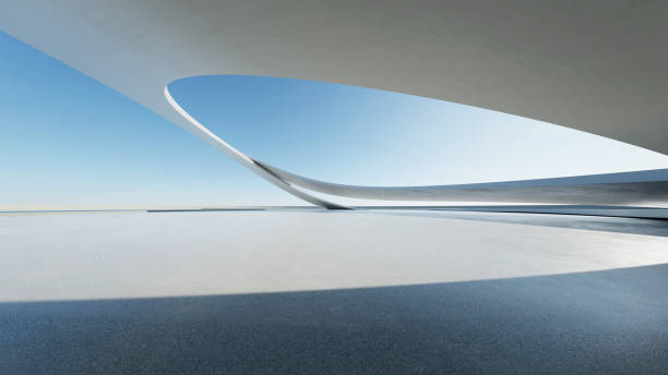 istock 3d render of abstract curve structure futuristic architecture with empty concrete floor, scene for car presentation 2170471666