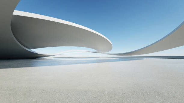 istock 3d render of abstract curve structure futuristic architecture with empty concrete floor, scene for car presentation 2170471668