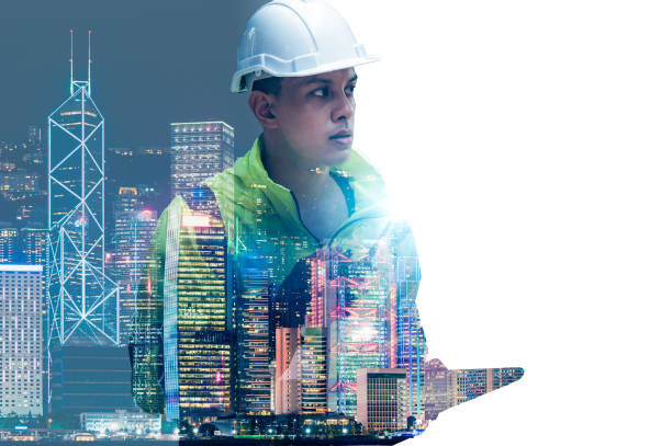 istock The double exposure image of the engineer thinking overlays with cityscape image with copy space. The concept of engineering, construction, futuristic and industry. 2170471755