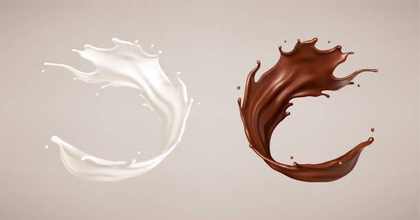 milk and chocolate splash. melted brown choco and milky waves with drops. realistic vector illustration - chocolate splash stock illustrations