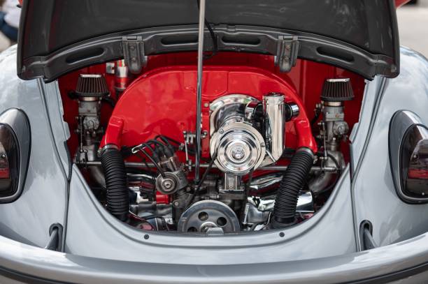 Mataro, Spain – July 07, 2024: Detail of the air-cooled 4-cylinder boxer engine of a restored classic Volkswagen Type 1
