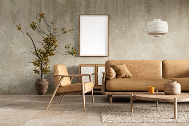 istock Mock up poster frame in modern rustic interior. Rustic interior with old and damaged wooden furnitures. 3D illustration 2170475958