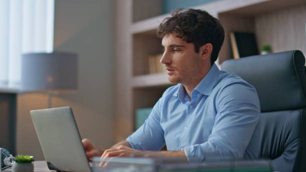 istock Proud manager finishing project closing laptop. Closeup freelancer thinking 2170482115
