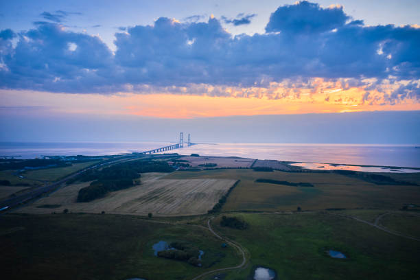 Nature outside Korsoer with connection to the bridge. Sunset view over Great Belt