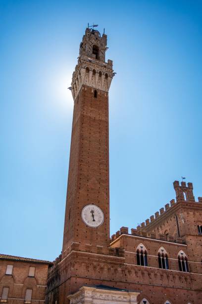 Torre del Mangia in Siena under a clear blue sky Torre del Mangia in Siena, Italy, under a clear blue sky, showcasing its historic architecture and clock tower. torre del mangia stock pictures, royalty-free photos & images