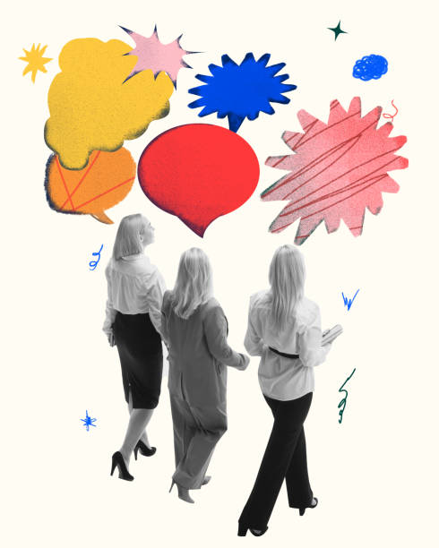 istock Three women walking together, discussing big business ideas. Colorful speech bubbles reflect their creative visions and innovative thinking. Contemporary art collage. 2170484065