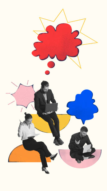 istock Three colleagues working with focus, with colorful speech bubbles over heads symbolizing own thoughts, brainstorm ideas. Contemporary art collage. 2170484066