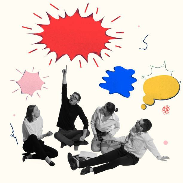 istock Team sitting on floor and brainstorming, with vibrant speech bubbles overhead. Discussion is full of dreams and innovative ideas for professional growth . Contemporary art collage. 2170484067