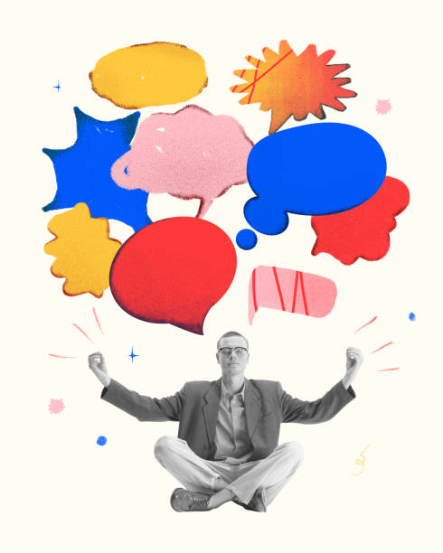 istock Young businessman sitting cross-legged in meditative pose, surrounded by colorful thought bubbles. Future dreams, brainstorming in relaxing way. Contemporary art collage. 2170484069