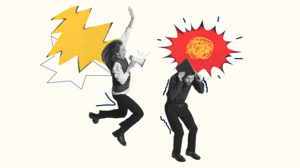 istock Woman with megaphone shouting at man, colleague hiding under document folder. Chaotic thought bubbles representing brainstorming and challenges. Contemporary art collage. 2170484072