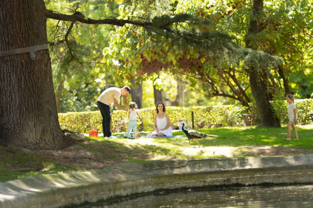 Young thai men are relaxing in Chatuchak Park in Bangkok at afternoon. They are near a lake. One man is lying down in grass close to the water. Two ther men are sitting on stone benches under trees. They are sitting separated. Both are using mobile phones. All three are wearing casual clothes.