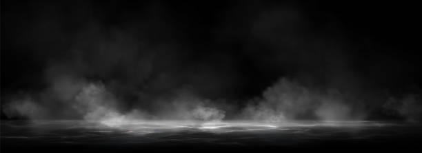 Smoke clouds above black water surface Smoke clouds above black water surface. Vector realistic illustration of white fog, steam, mist over spooky sea waves, dark river splashing in scary smog, mysterious Halloween atmosphere, horror night water on black surface stock illustrations