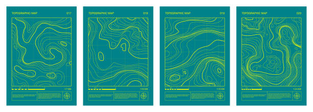 Architectural topographic site plan drawing, relief contour posters set. Cartography map pattern, abstract line represents land elevation with minimalist art style poster design on green A4 paper.