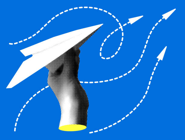 Halftone hand launching paper airplane Halftone hand launching paper airplane. Business startup concept. Starting a business. Development of different ideas concept. Office communication. Concept of email, notifications, messages origami hand stock illustrations