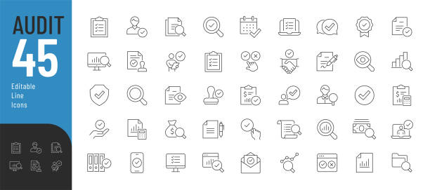 Audit Line Editable Icons set. Vector illustration in thin line modern style of inspection related icons: documentation, auditor, checkmark, and more. Isolated on white contact list stock illustrations