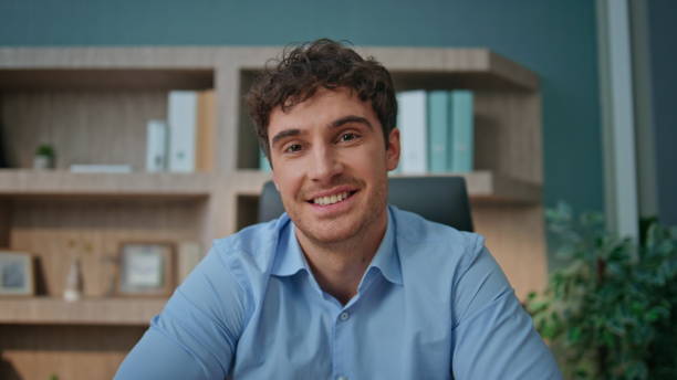 istock Executive talking video conference pov view. Closeup manager listening partner 2170492373