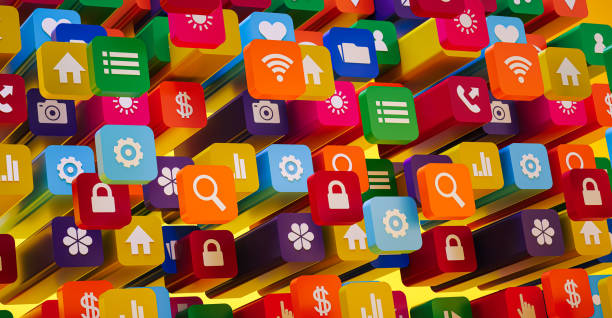 This 3D rendering presents a seamless background made up of floating phone application icons that fill the entire space, creating a unified textured surface. The colorful app icons, suspended in mid-air, form an engaging and dynamic pattern that can be used as a background for digital projects, mobile app promotions, or modern tech-themed visuals. The design emphasizes the interconnected nature of applications in a sleek, visually appealing composition.