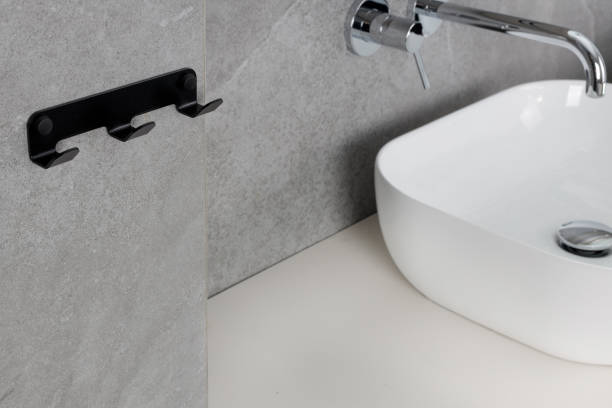 istock Modern Bathroom Sink with Chrome Faucet and Hooks 2170495225